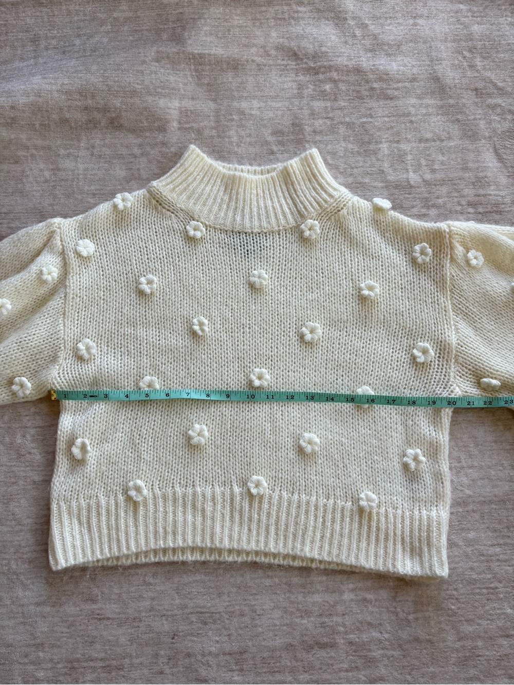 Farm Rio Cream Handmade Flowers TurtleNeck Sweater w/ Appliqué Puff Sleeves S:M - Picture 7 of 12